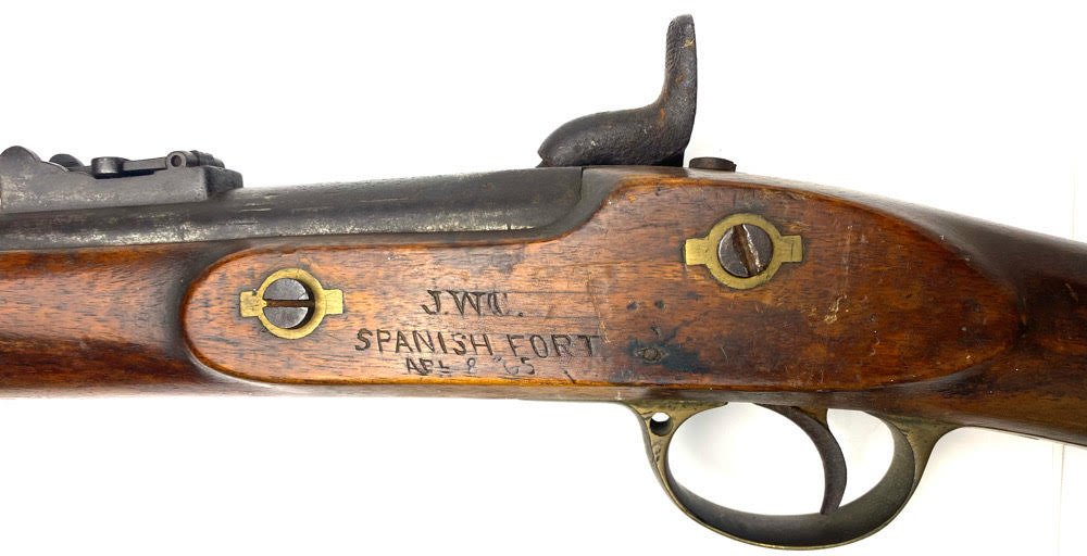 Confederate Enfield Captured at Spanish Fort: REB MUSKET CARVED WITH THE CAPTURE STORY! A spectacular inscribed battlefield captured Enfield taken from a reb at Spanish Fort Alabama in the closing days of the war. The carving on the left side of 