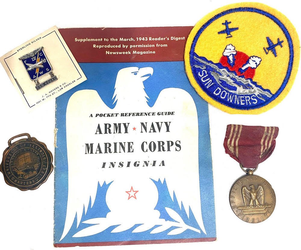 ww2 World War Two Insignia medal and book: World War 2 unit patch for Sun Downers. Good conduct medal. 1944 pamphlet identifying US Armed Forces Insignia and a couple other trinkets. This can be shipped/mailed by US Mail for $2.00 Insurance is