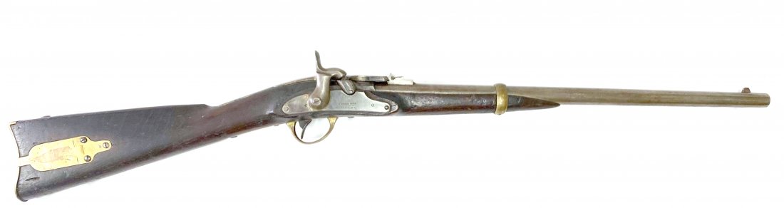 Civil War Merrill Cavalry Carbine: Nice original, breech-loading carbine produced by H. Merrill of Baltimore, MD. Has the brass trigger guard, brass butt plate, single brass barrel band and patch box. Weapon has a 22 1/8” long ro