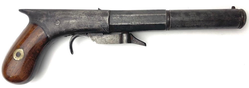Under Hammer Percussion Pocket Rifle: Super Antique under-hammer single shot percussion pistol likely made by Allen & Thuber. 6 inch octagon to round barrel, pinched post front sight, fixed rear sight, smooth trigger, and smooth two-piece