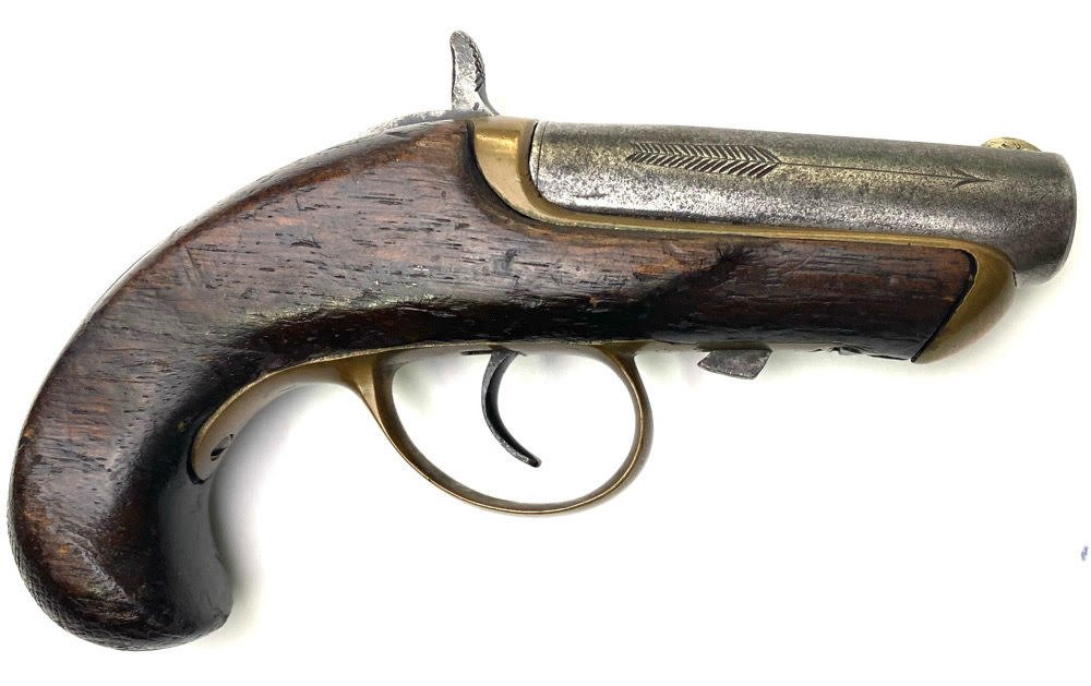 Williamson's Pat Oct. 1866 New York Pistol: Antique Williamson's Patent Single Shot Cartridge Derringer, .41 RF cal., 2.5'' round barrel with a blade front sight, marked ''Williamson's Pat. Oct. 2, 1866 New York'' on top flat and has long fletc