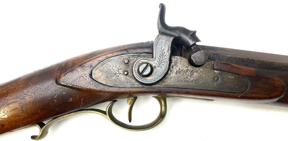 1860 Kentucky Rifle Signed White from Connecticut: A nice single-shot percussion rifle fully stocked to the muzzle, with brass buttplate, triggerguard with handrail, and nosecap. The octagonal to round barrel is smooth metal showing brown at the breec