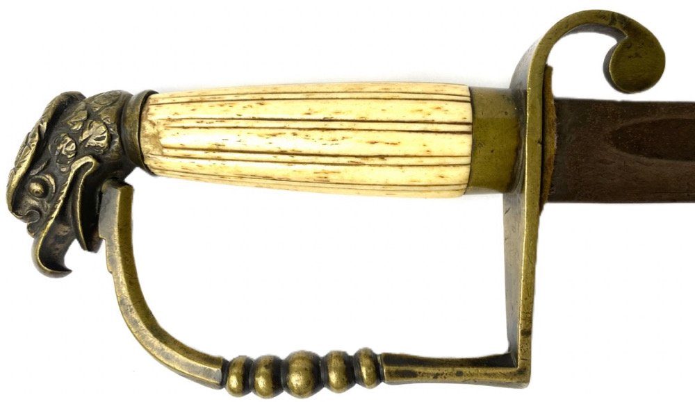 D-GUARD FIGHTING KNIFE MADE FROM AN EAGLE POMMEL SWORD: This is a fierce little fighting knife made from a five-ball guard eagle pommel sword with its round, reeded bone grip and the blade shortened to knife length of about 11 inches. More than a few knowl