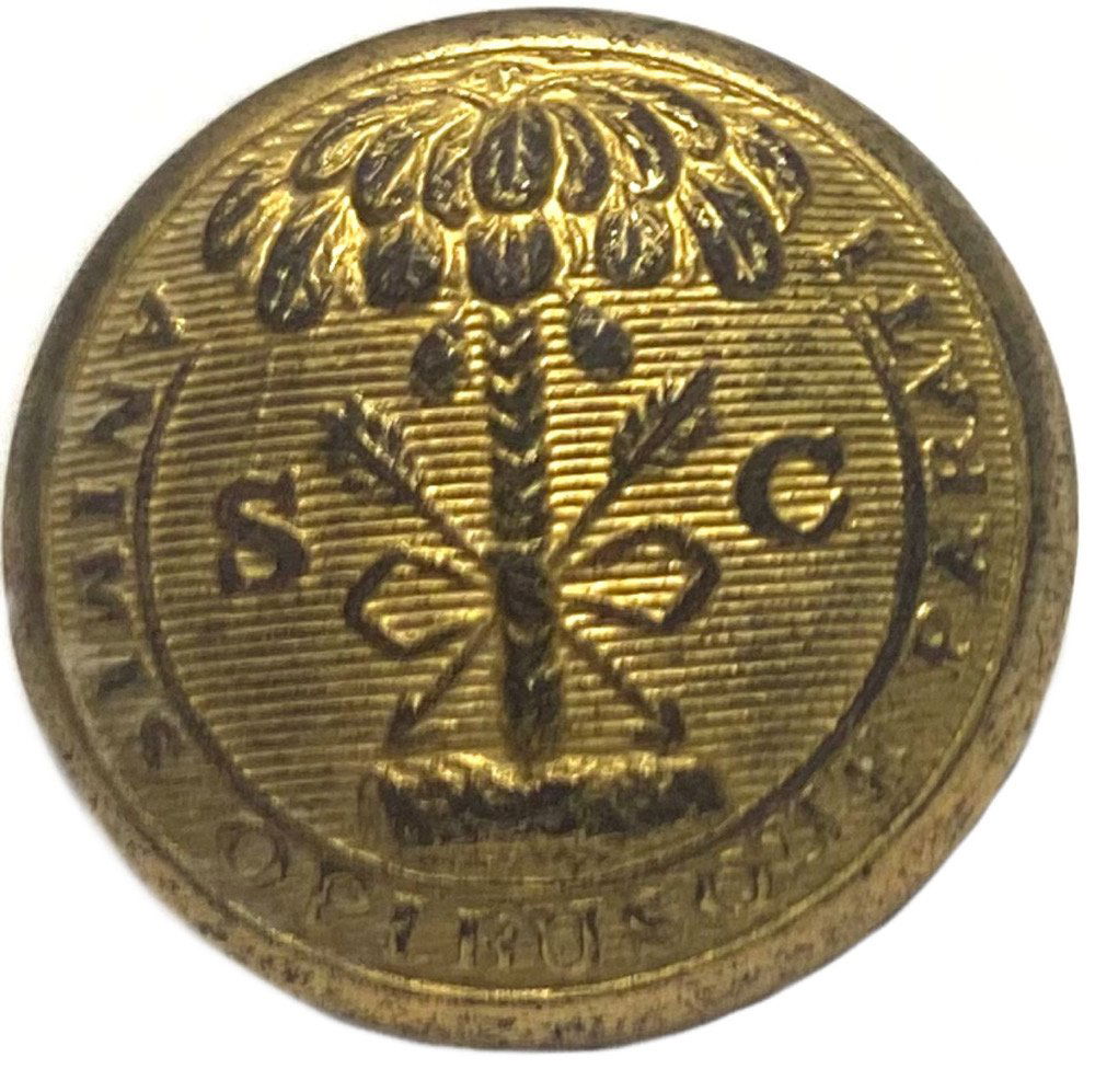 South Carolina Scoville & Co. Button: A solid blouse size South Carolina state seal button found in the 1960s with a metal detector. Super condition with most of the gilt intact. Scoville back mark with shank. From a 60 year collection I