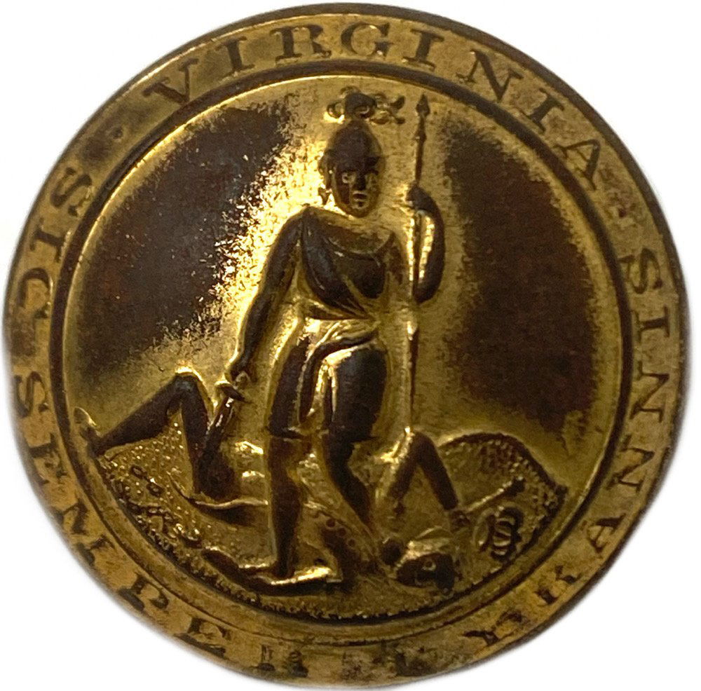 Virginia Kent Paine Button: A solid blouse size Virginia state seal button found in the 1960s with a metal detector. Very attractive with gilt highlights. Kent Paine Richmond RMDC back mark with shank intact. From a 60 year coll