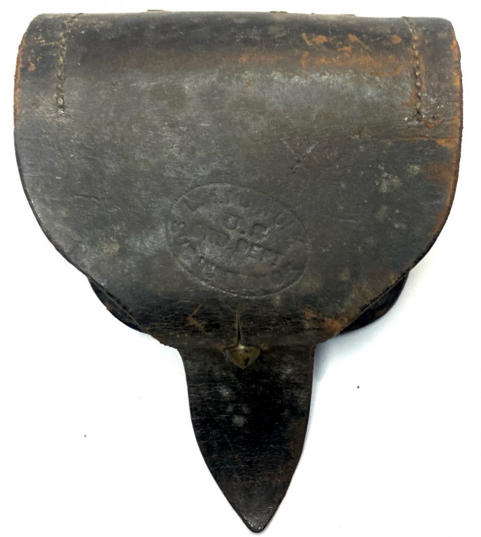 SCARCE SINGLE FLAP CAP BOX BY OLIVER, LAIDLEY INSPECTOR: These single flap cap boxes were produced only in August and early September 1864 to accompany the July 1864 cartridge boxes that were similarly made with no inner flap and with the side ears attached