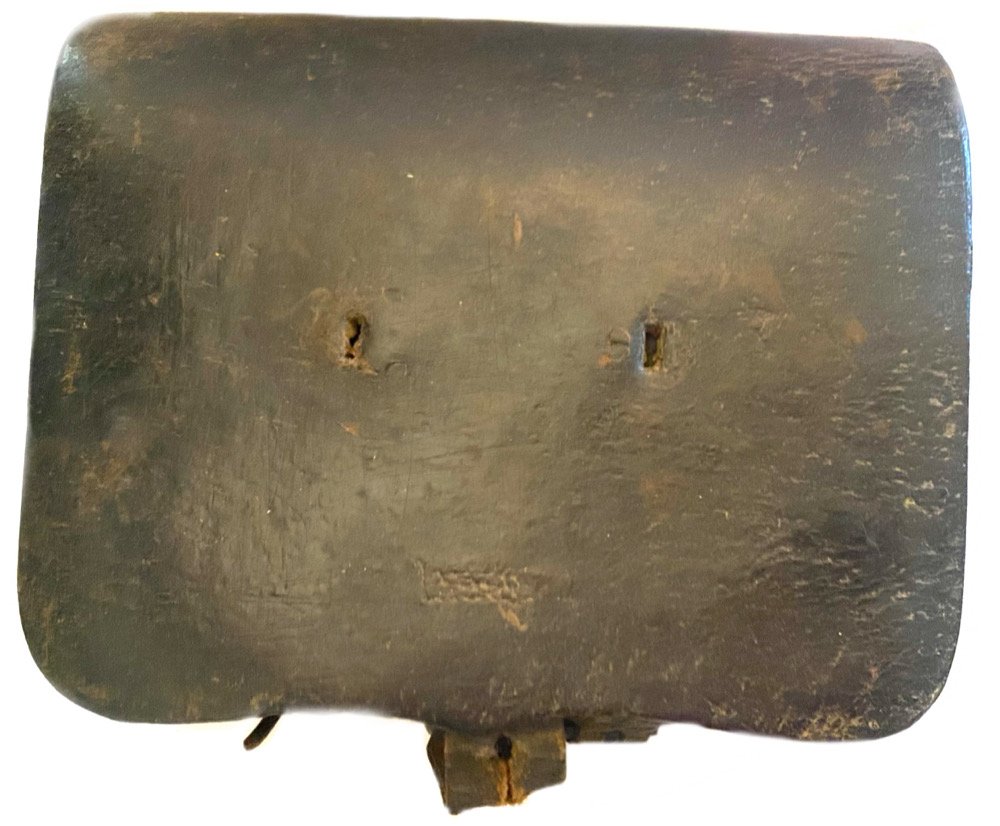 CIVIL WAR INFANTRY MODEL 1861 CARTRIDGE BOX: Nice example of the standard Union infantry cartridge box for .58 caliber rifle muskets. Both interior magazine tins, with the upper tray divider intact, are in place. Inner flap, and tool pouch with 