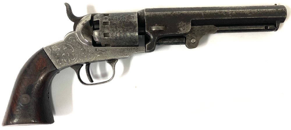 Inscribed Revolver 1st Michigan Volunteers 1861: Manhattan revolver professionally engraved on the trigger guard with the owners name and Detroit militia unit. E.H. RIDER COMP. F DET. L.G. (Detroit Light Guard). Our man, Edward H. Rider was 23 years