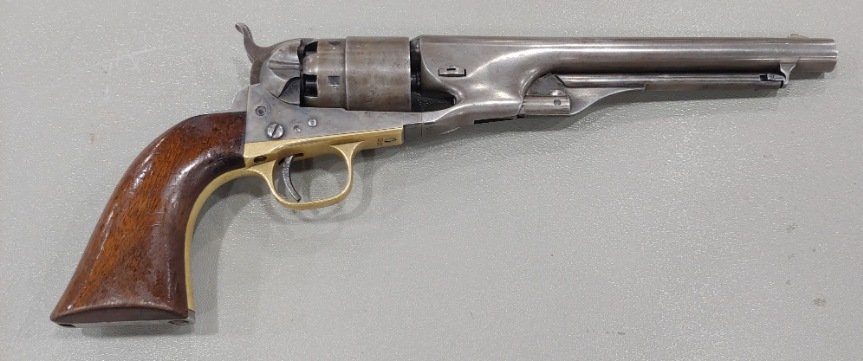 Colt Civil War 4 screw Army: Very early war Model 1860 Colt Army Revolver made in 1861. All matched serial numbers 10,353 and early 4-screw frame for facilitating the attachment of a shoulder stock. Overall NRA -Very Good conditi
