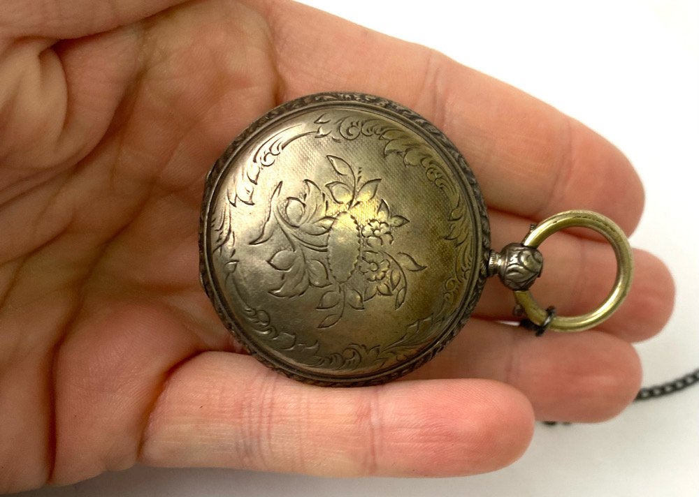 Silver Civil War style Pocket Watch: Good for display or living history / reenacting. Does not run. Silver hunter case. Key Wind. Enamel Face. Robert Courvoisier maker. (Looks like he was pretty famous and prolific.) Smaller size... abou