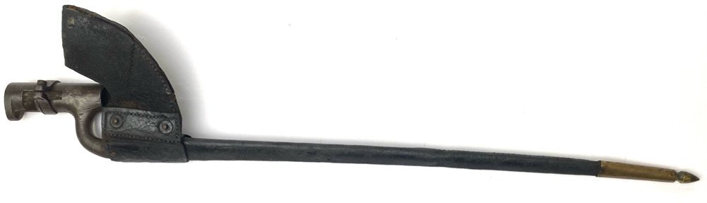Enfield Bayonet in American Scabbard: Possibly rebel used. P53 Enfield socket bayonet. Very good condition. Has a pre-war American leather scabbard of the type associated with model 1842 and 1855 muskets. Bayonet is stamped WR. As with al