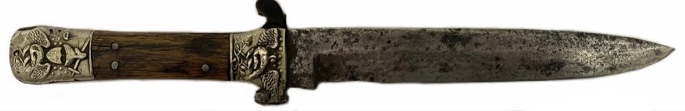 Edward Barnes Celebrated Dirk Knife with US Eagles: Edward Barnes was in business in Sheffield with his sons starting in 1845. This Bowie is clearly aimed at the American market, using spreadwinged eagles on both sides of both the German silver guard a