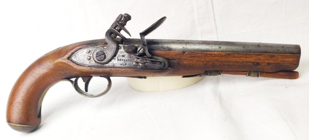 1820s-30s Original Flintlock Pistol Signed Ketland: The lock of this "export grade" flintlock pistol is marked W. KETLAND & Co. and the barrel is marked LONDON. The left breech bears British proofs, and also a LIEGE* proof, the Liege mark was introduce