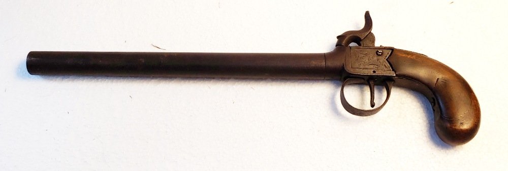 Long barrel percussion box-lock pistol: Single shot percussion pistol with center hammer box-lock and very long barrel.These might be conveniently stuffed into a boot top, but they actually show up on occasion carried in simple belt frogs,