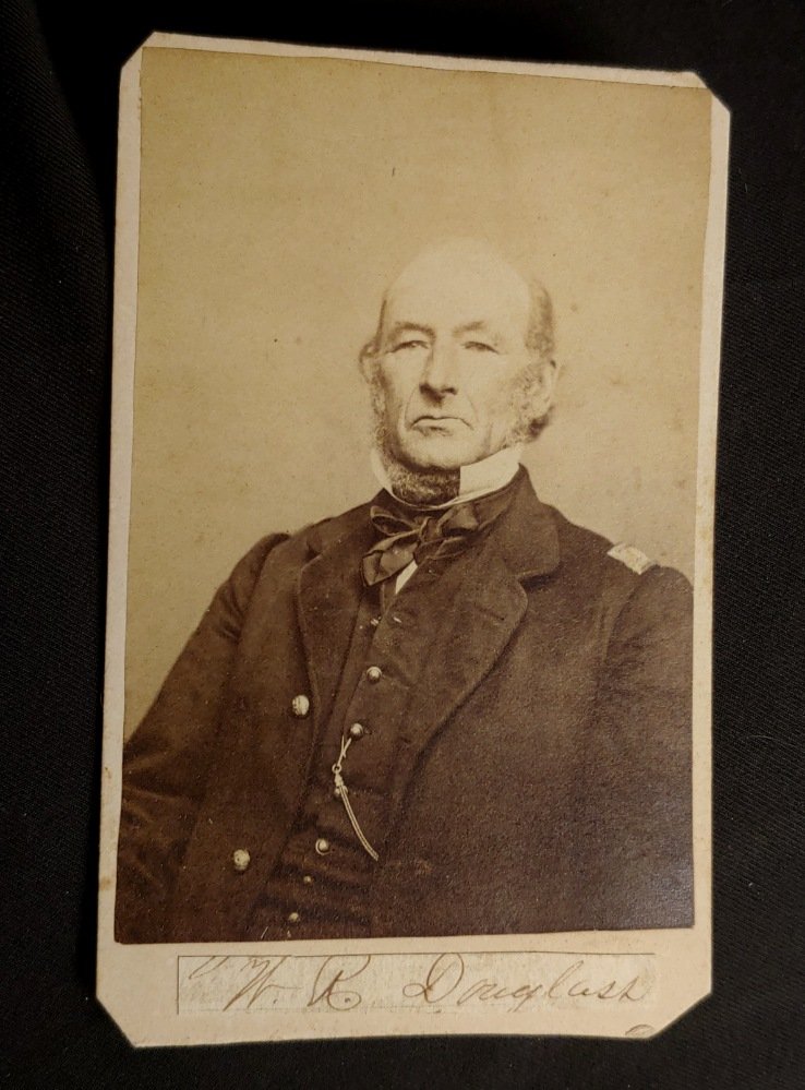 Civil War photo US COLORED TROOPS Officer: CDV seated view of a very bald William W Douglass 12th USCT UNITED STATES COLORED TROOPS and 74th Illinois Infantry. He sports a commercial 4-button blouse with Smith patent shoulder straps. His vest