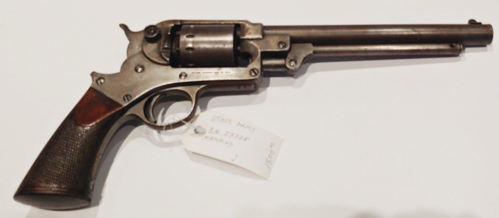 Civil War Starr single action Army Revolver: Checkered grips! All original, all matching numbers, mechanically perfect. This is a military issue single action that was beautified during its period of use with exceptionally well executed hand che
