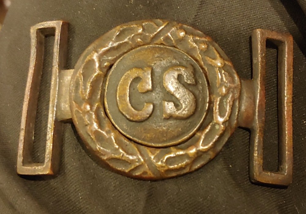 Confederate CS Tongue & Wreath Buckle: One of the most attractive examples I have owned. Non-dug... brought home by the soldier and saved for decades as a souvenir. Has a uniform undisturbed and attractive bronze color age patina. Excellen