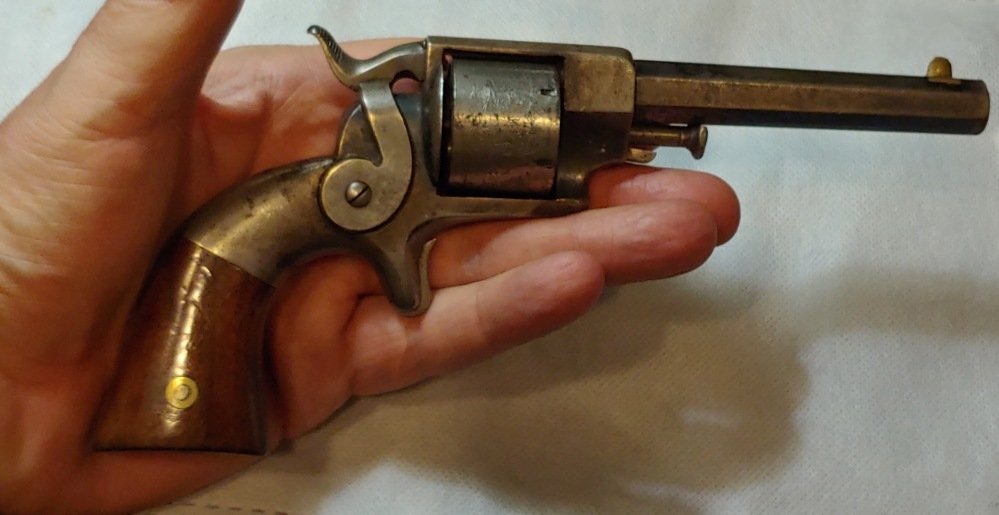 Civil War Allen & Wheelock Cartridge Revolver: 32 caliber rim fire five shot revolver made and marked by Allen & Wheelock. Clearly marked ALLEN & WHEELOCK. WORCESTER. MS. US.ALLEN'S PAT'S SEPT. 7. NOV. 9. 1858 / JULY 3 1860 4" barrel, with an over