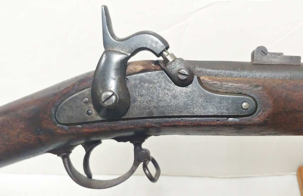 Providence Tool Civil War Contract Springfield M1861 Rifle Musket: One of the more distinctive of the numerous look alike Model 1861 Contract Springfield Rifle Muskets. For whatever reason Providence Tool Company utilized a stylized double line -US- stamping on their
