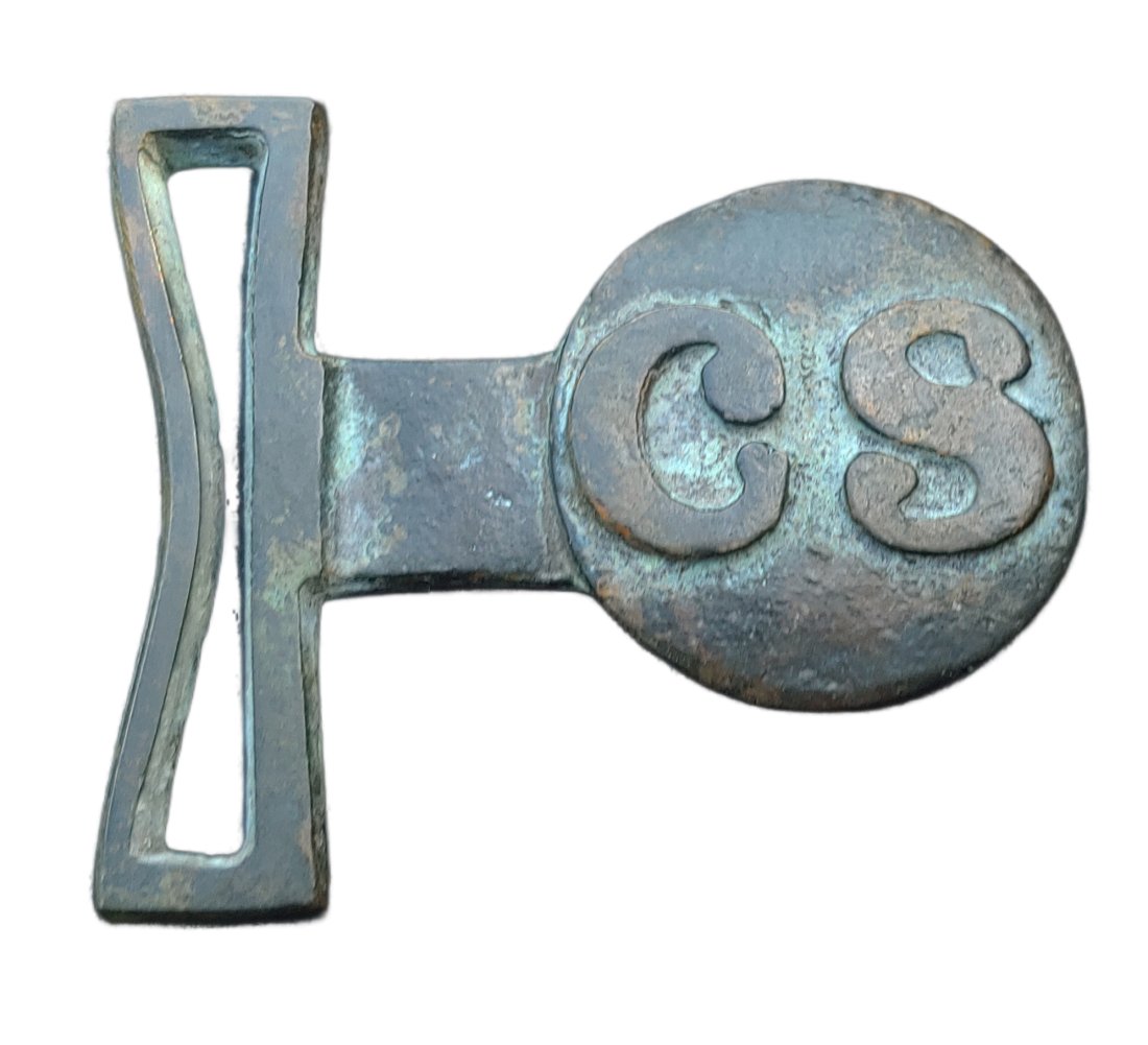 Confederate CS Tongue Buckle: Very rare tongue half of Virginia made "CS" two piece interlocking sword belt plate. This style with the exaggerated round serifs on the letters CS is one of the rarer Army of Northern Virginia styles