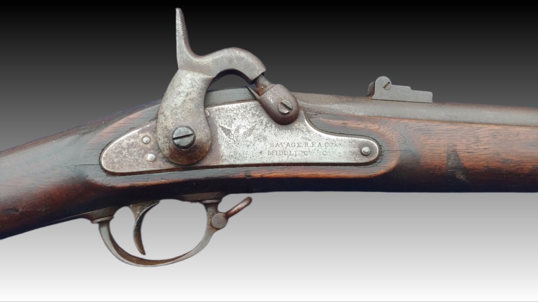 Civil War 1861 Contract Springfield Musket by Savage 1862 date: A very respectable Model 1861 rifle musket made under US contract by the Savage revolving firearms company and so marked on the lock. The lock is dated 1863. The barrel date is 1862. Very scarce. The