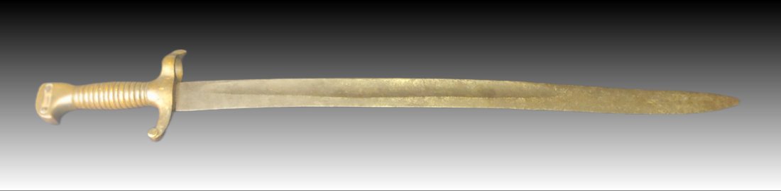 Confederate Saber Bayonet Boyle & Gamble Richmond Virginia: Boyle and Gamble bayonets are distinctive with a contoured bird-head pommel with flat sides unique to B&G. No other saber bayonet mimics this form. This has an attractive rich age patina on the brass 