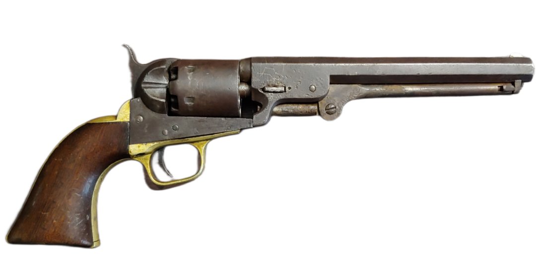 Confederate used Colt Navy Revolver: Confederate used, no doubt about it. Well worn '51 Colt Navy with a clearly Confederate biased alteration to the barrel legend. The Colt barrel legends contain the wording -NEW YORK U.S. AMERICA- . Th