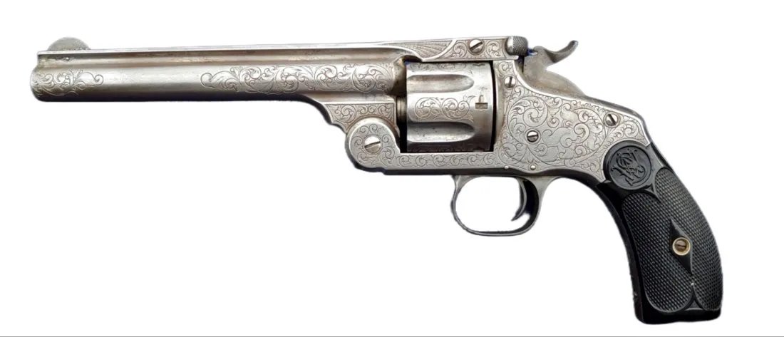 smith and wesson: Beautifully engraved .44 caliber No.3 Single Action Smith and Wesson Revolver.Unquestionably engraved in the Gustav Young shop, this is a Smith & Wesson No. 3 revolver with combat sights and factory h