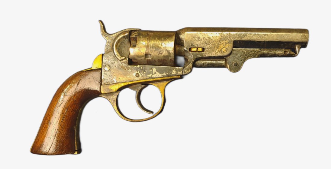 Cooper revolver: World's worst Cooper double action revolver. Does not function, no barrel legend remains, broken lever latch catch, broken and missing screws. The grips are pretty good. This is fine for a wall hanger
