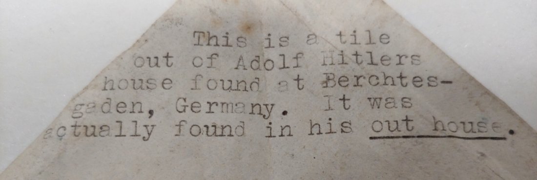 For Real Tile from Hitler's Toilet: Here is something you dont see every day. A tile from the outhouse privy at Hitler-s Eagle-s Nest at Berchtesgaden. Every American G.I. who found himself at the Eagle-s Nest scrounged for souvenirs. T