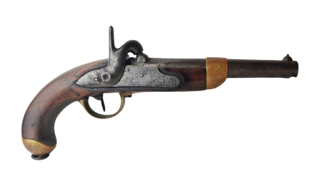 Crimean War French Cavalry pistol: Large bore French horse pistol. Complete except for hammer screw. All original. Well marked. Functional. Materials, Packing, and UPS Shipping on this item is $25.00. Insurance is $1.50 per hundred. UP