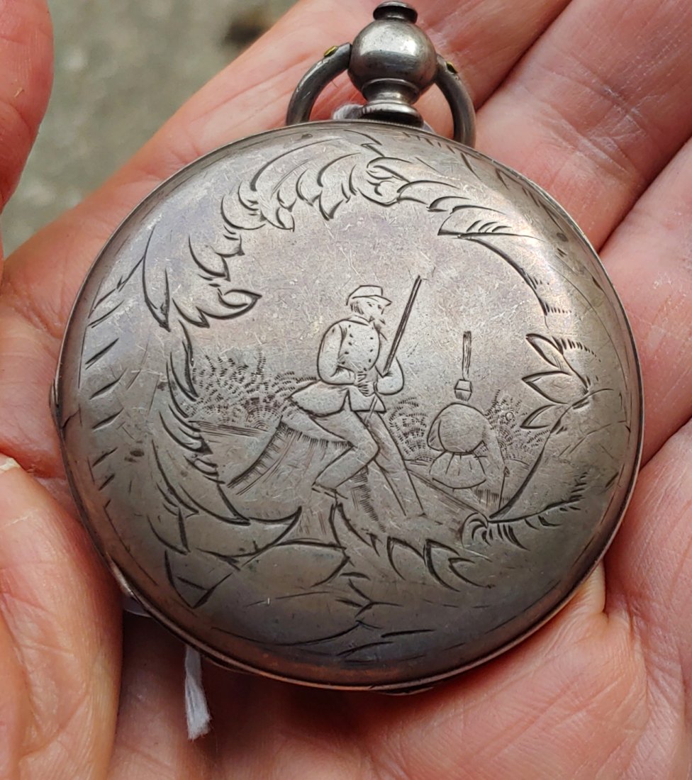 Civil War Military Engraved Robert Roskell Pocket Watch: Early silver hunting case, key wind, pocket watch made for the military market by Robert Roskell in Liverpool, England. Robert Roskell Sr was a highly respected watch maker and worked from 1798 until 
