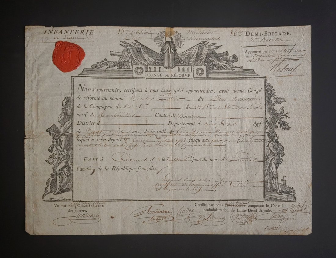 Napoleonic military document 1797: Very handsome 225 year old French military document on laid paper pertaining to a medical leave of absence from the 86th Regiment. Solid condition. UPDATE. Another collector has offered this translati