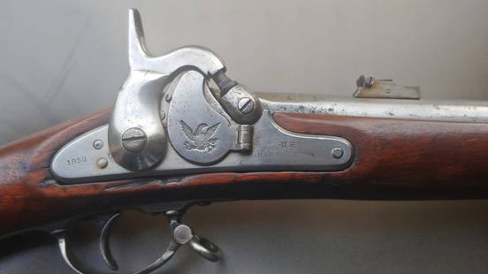 1855 Harpers Ferry Rifle: Very scarce and highly sought Harpers Ferry Model 1855 2-band infantry rifle with mixed steel and brass furniture (transition all brass to all steel). Overall VG+. Lock markings are clear 1859 US Harp