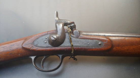 Scarce Potts & Hunt Bar on Band 1858 2-Band Army Rifle: Potts and Hunt Pattern 1856 Army Rifle known by collectors as the -Bar on Band- rifle, as the saber bayonet lug is mounted on the forward band instead of the barrel itself. . Only a few thousand of