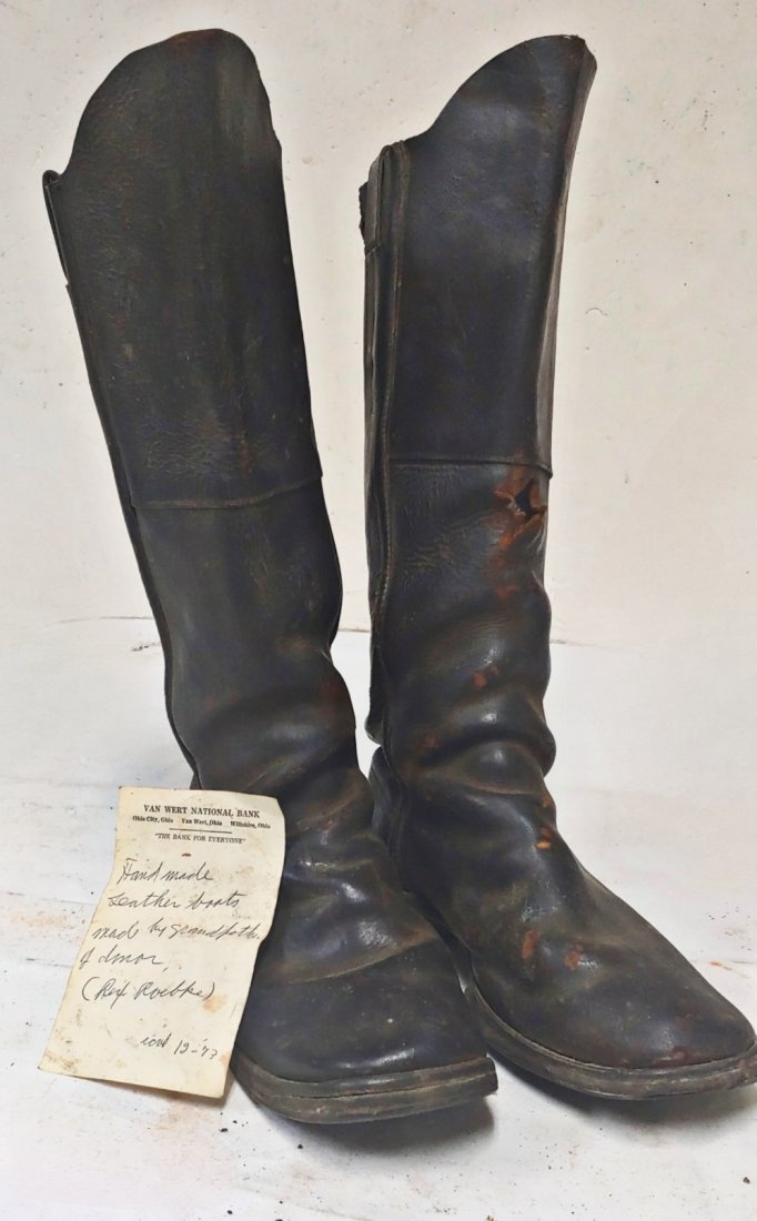Civil War boots: A real nice pair of original Civil War boots. Pegged soles, nailed heels, and an interesting note. HAND MADE BOOTS MADE BY THE GRANDFATHER OF THE DONOR. (REX ROEBKE)RECD 12/73 Someone donated these to
