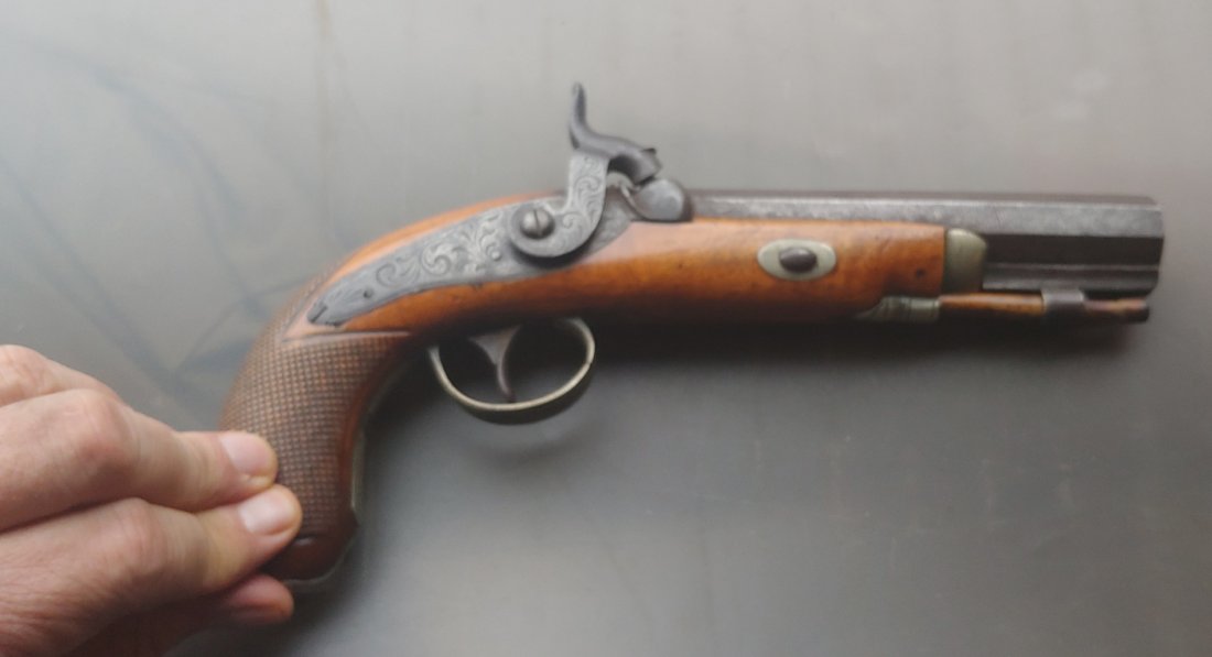 Belgian percussion pistol with belt hook: A very handsome mid 19th century Belgian percussion pistol with back action lock. 1840s - 1850s. About 45 caliber. Hinged german silver cap compartment in the butt cap. Belt hook. Belgian ELG stamp on