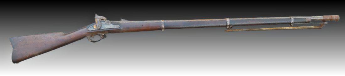 Civil War 1863 Springfield musket with bayonet: As honest and freshly found as you could hope for. 1863 type-I Springfield rifle musket and original bayonet. Matched 1863 dates on lock and barrel. The bore is dark and the rifling is thin. Overall N