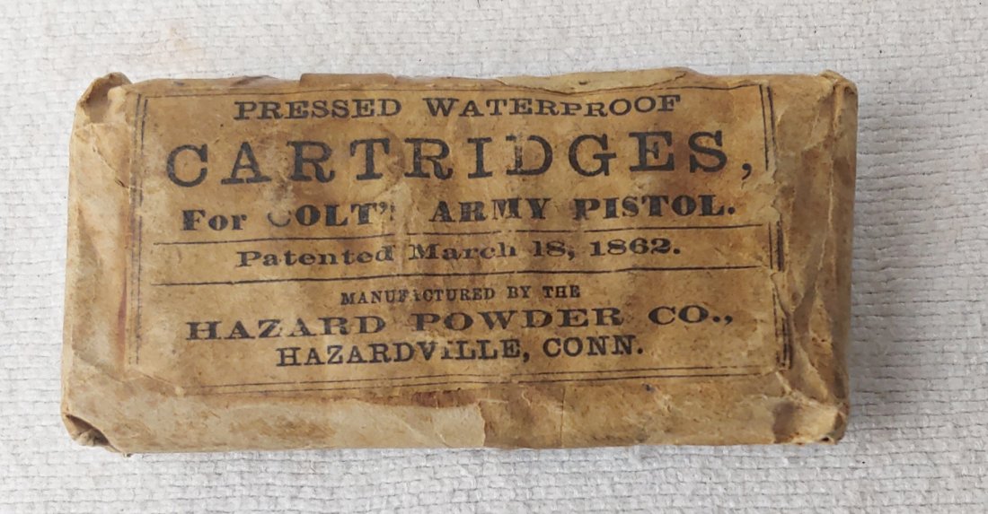 Civil War package Colt Army revolver ammunition: A complete original unopened Envelope of skin cartridges for the 1860 Colt Army Revolver. Real nice condition. Add $15.00 for materials, packing, and shipping. Insurance is $1.50 per $100. UPS signatu