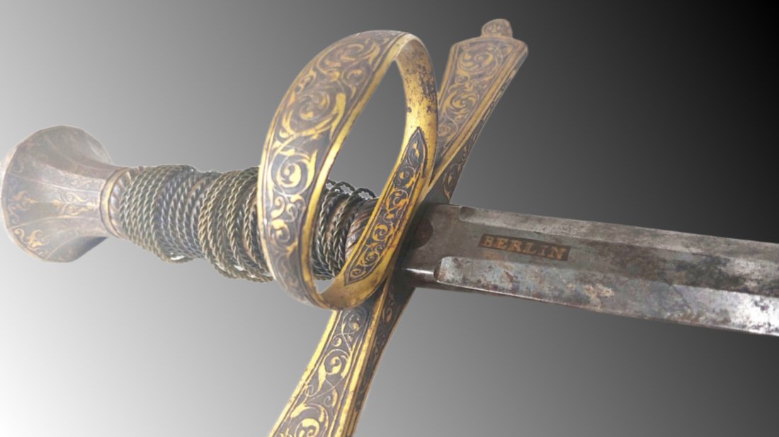 1800s Made Medieval Long Sword.: Mid 1800s Berlin made long sword being a spectacular, high quality copy of a European knights sword. Germany prided itself in producing accurate copies of suits of armor and edged weapons from the ear