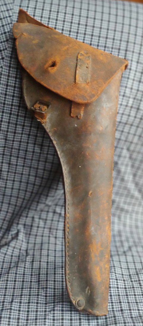 Highly Unusual Civil War Flap Holster -Southern?=: Really cool 1860s full flap leather holster with elaborate closing mechanism involving a leather strap and roller buckle. Shows age and wear and has a large tear in the top edge of the flap. This is t