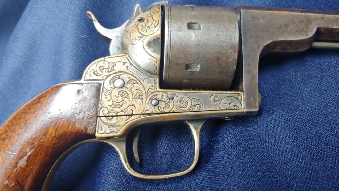 Moore seven shooter belt revolver: Moore’s Patent Firearms Company seven-shot Belt revolver serial number 1712 manufactured circa 1861-63, with a five inch barrel. Engraved plated frame, blue barrel and cylinder and one-piece walnut 