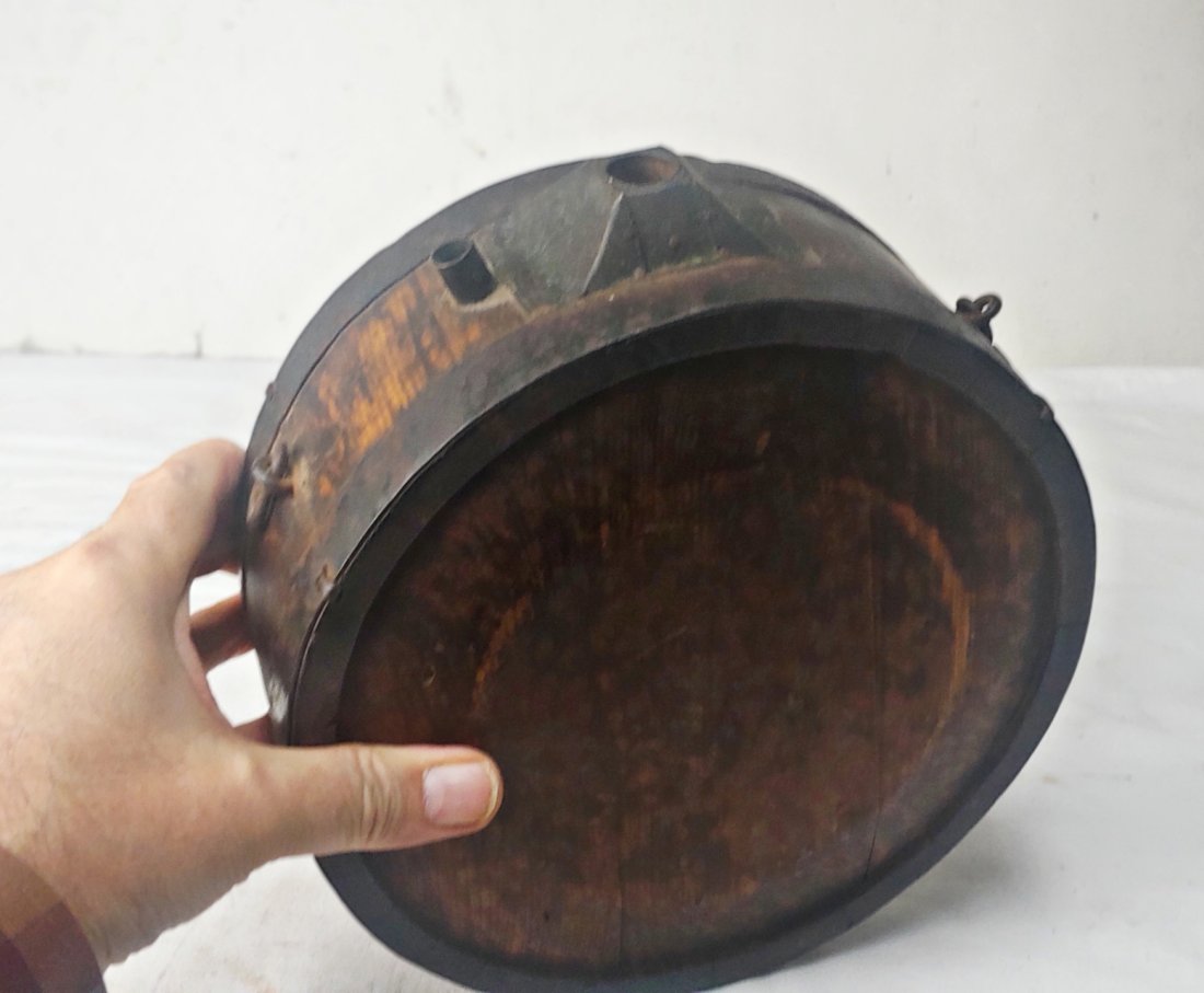 Really Old Wood Drum Canteen: Large, beefy, well made, lots of character. Appears to be 175 to 225 years old. Origin ??? Inscribed on one face in some foreign words. Maybe it is Napoleonic??? Add $25.00 for materials, packing, and