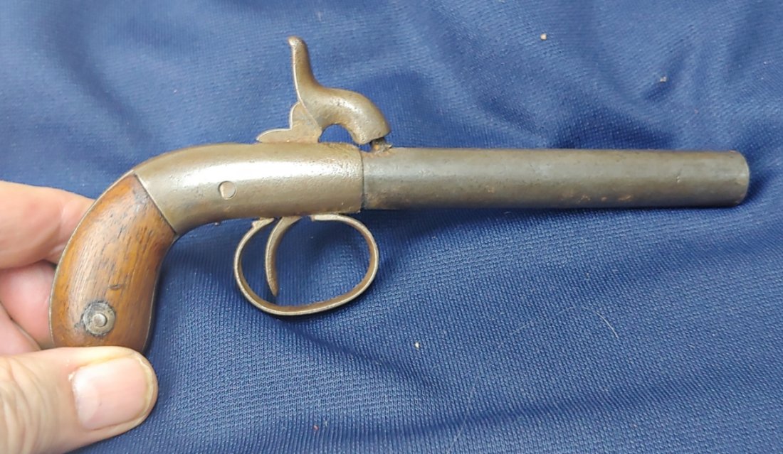 American percussion boot pistol: 30 caliber, serial numbered, might be an Allen product. 1850s. VG Add $15.00 for materials, packing, and shipping. Insurance is $1.50 per $100. UPS signature service is $6.50 -- NO SHIPMENTS OUTSIDE U