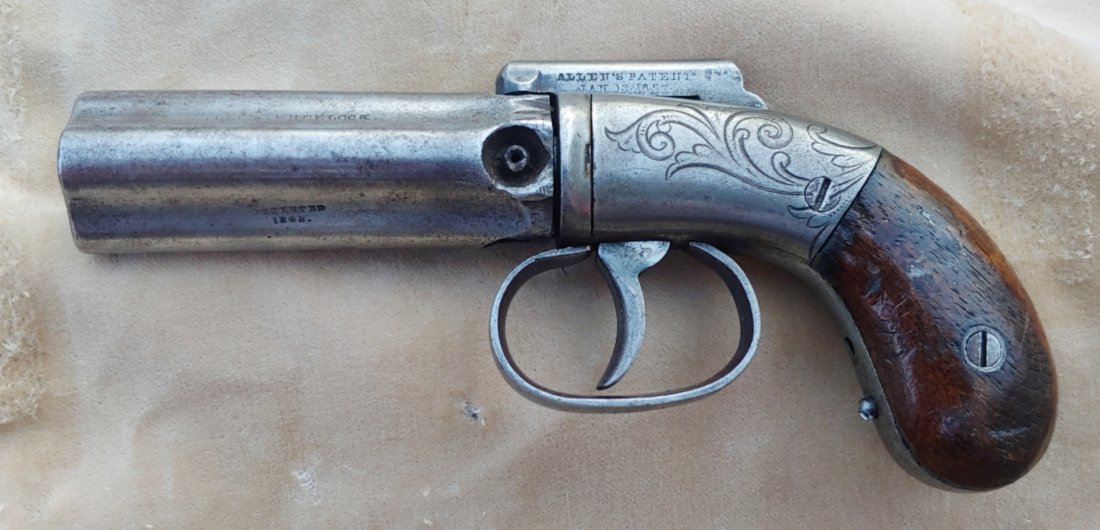 Allen and Wheelock four barrel Pepperbox: Late 1850s percussion bar hammer pepperbox pistol by Allen & Wheelock. All original and complete. Mechanically perfect. Grey steel, good markings, around 32 caliber. 1857 patent date on the bar hammer