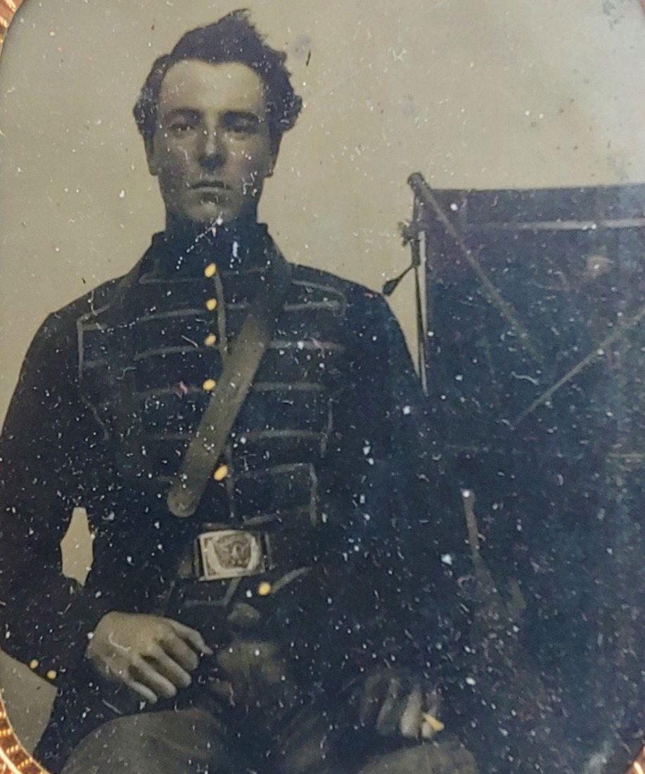 Tintype Civil War Drummer Boy with drum: Sixth plate tintype of Union Army Drummer seated next to his regimental drum. Wears regulation musicians frock coat, belt, and eagle buckle. Very scarce subject. VG condition Full case. Add $18.00 for