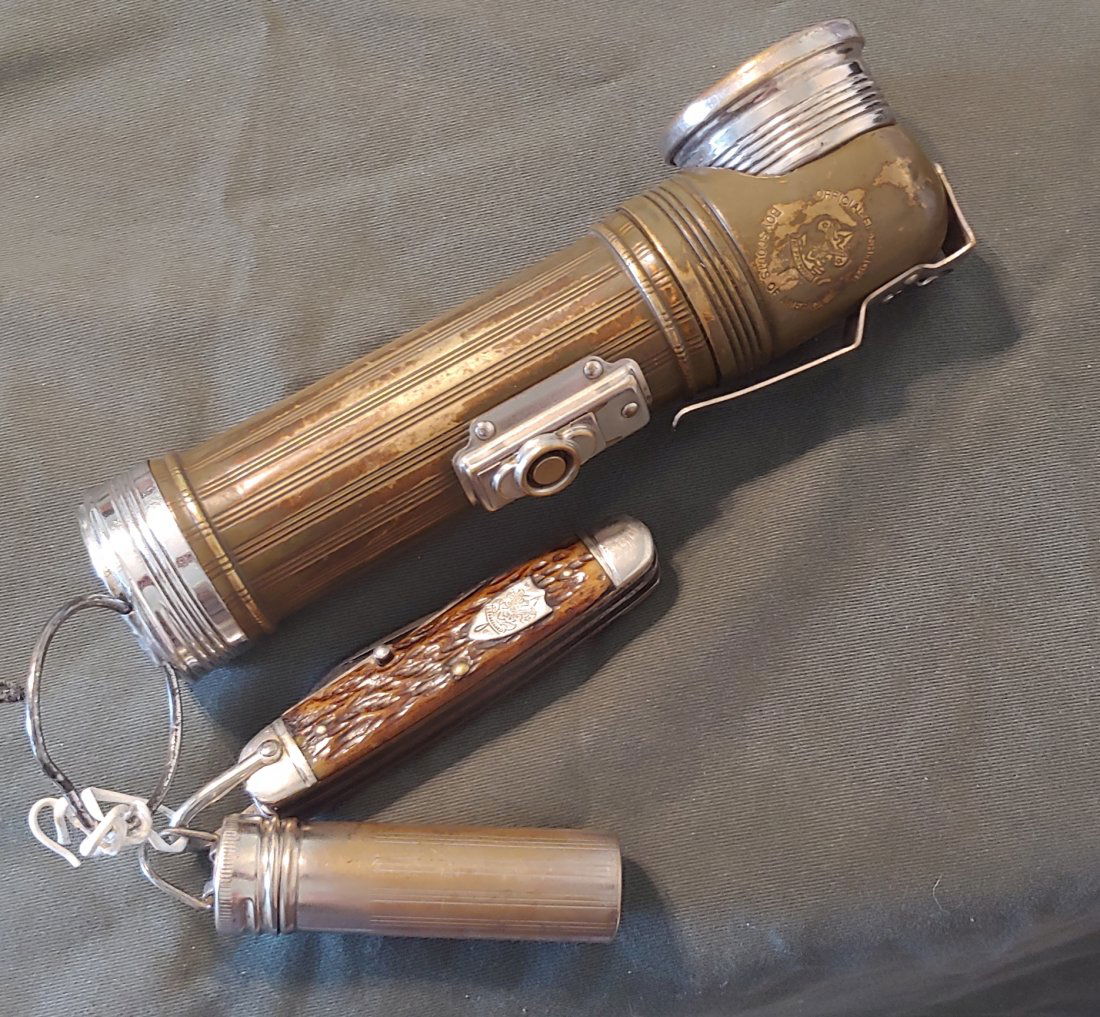 Vintage Boy Scout pocket knife flashlight and match safe: These appear to me to be 1940s or earlier era. Boy Scouts of America. All three pieces excellent condition. Match holder has Boy Scout emblem on the end. Pocket knife made by the Ulster Knife Company