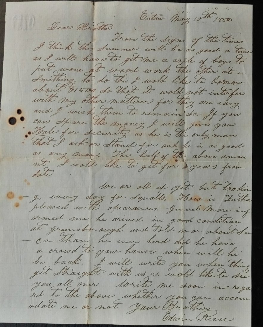 Slave owner letter needs money to buy slaves: Manuscript one page letter in ink man asking his brother for money so that he can buy some slaves. Excellent condition. Written fromEutaw, Alabama15 for UPS shipping. Insurance is $1.50 per $100 in va