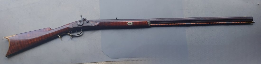 Evansville Indiana Kentucky rifle Civil War era: A very handsome and high quality half stock Kentucky rifle with octagon 36 caliber rifled barrel. Made by Charles Keller ca 1860 and marked on top of the barrel C. Keller Evansville Indiana. Charles K
