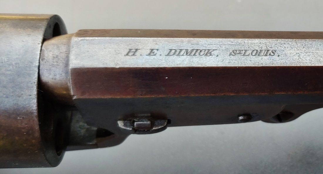Metropolitan Navy revolver marked by Dimick: One of the rarest Civil War revolvers you will encounter. Only 100 of these Colt look-alikes were marked H.E. Dimick St. Louis. Dimick was an established gun dealer in the Gateway to the West. This is